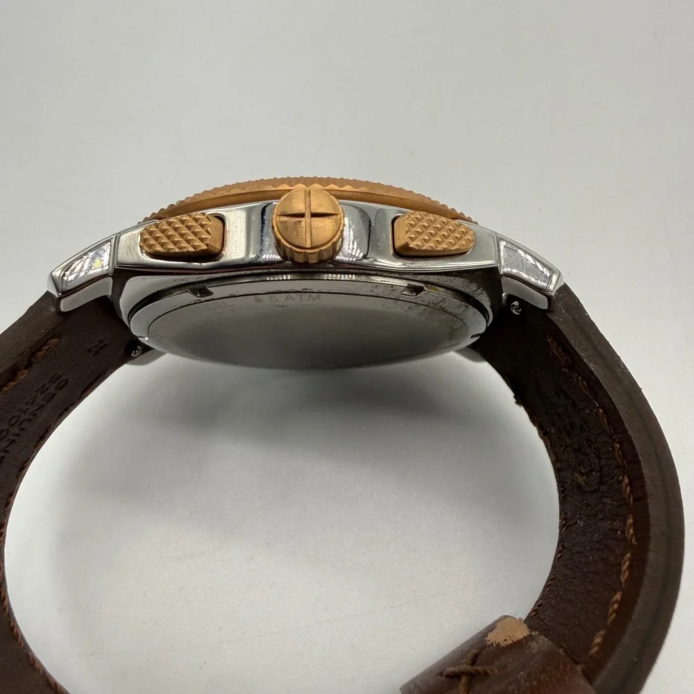 Fossil Watch Men Brown FS-4714 Machine Chronograph Rose Gold Bezel Leather Strap